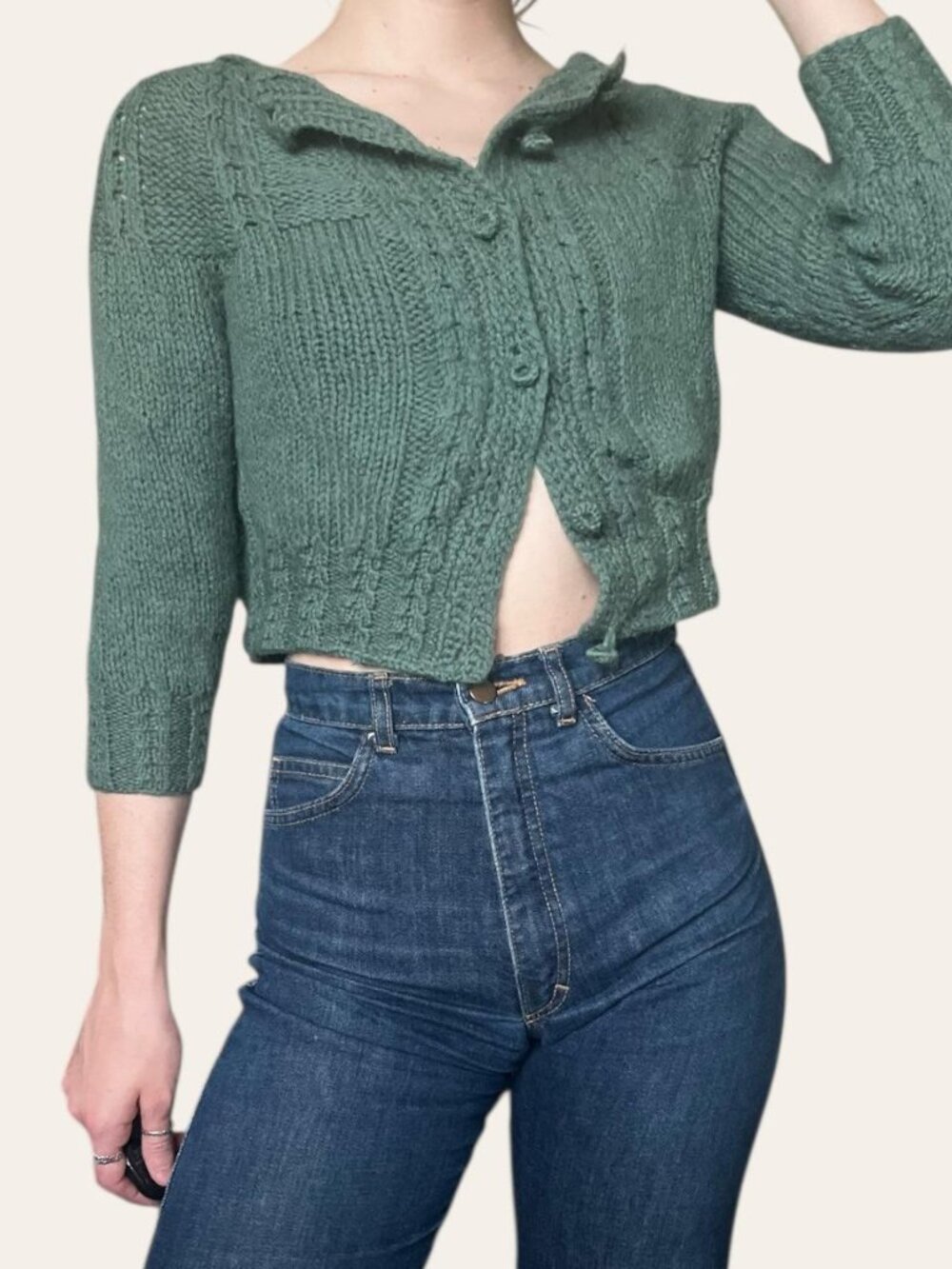 Vintage handmade sage green knit cropped cardigan sweater - XS